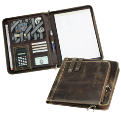 brown distressed leather zippered portfolio with elastic accessory straps